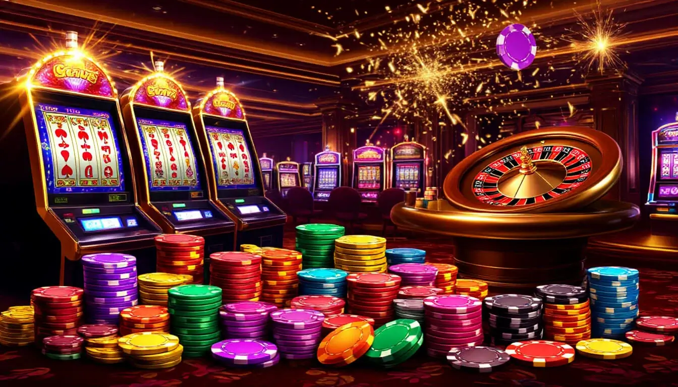 Array of colorful slot machines with glowing reels and jackpot lights, symbolizing endless spinning excitement in a social casino environment.